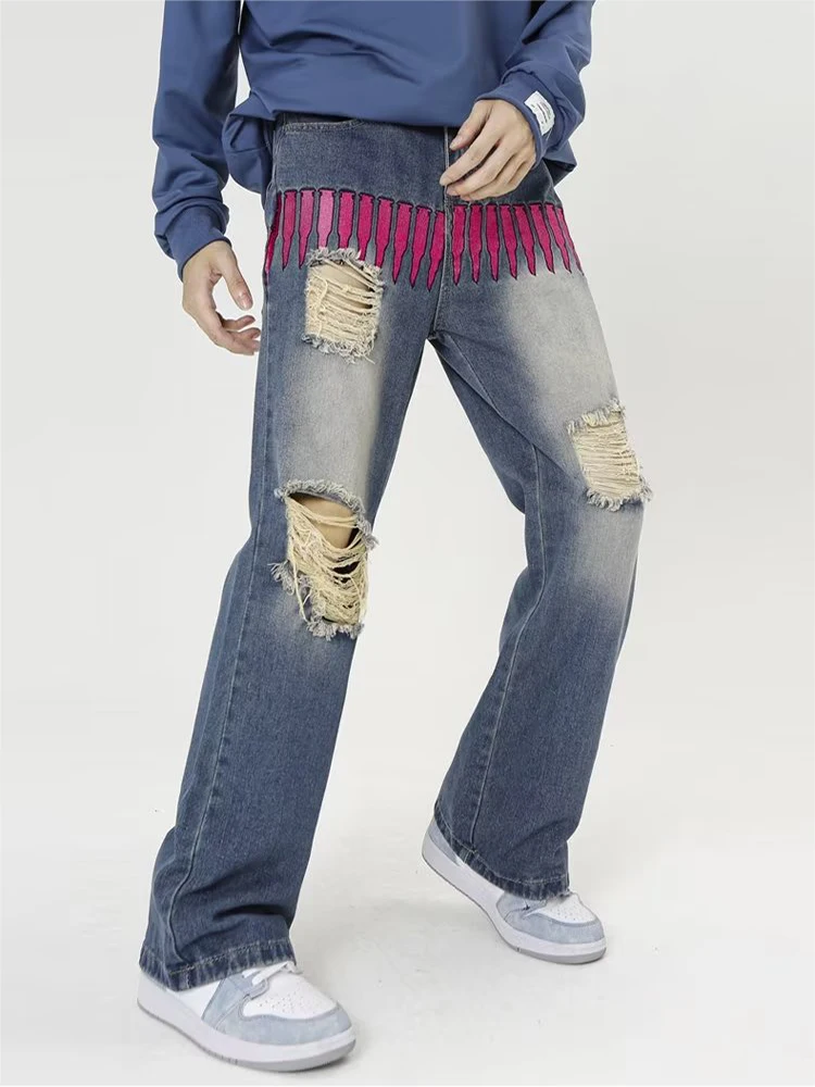 Street fashion bullet embroidered straight male jeans men and women American hip -hop loose pants loose jeans mens pants