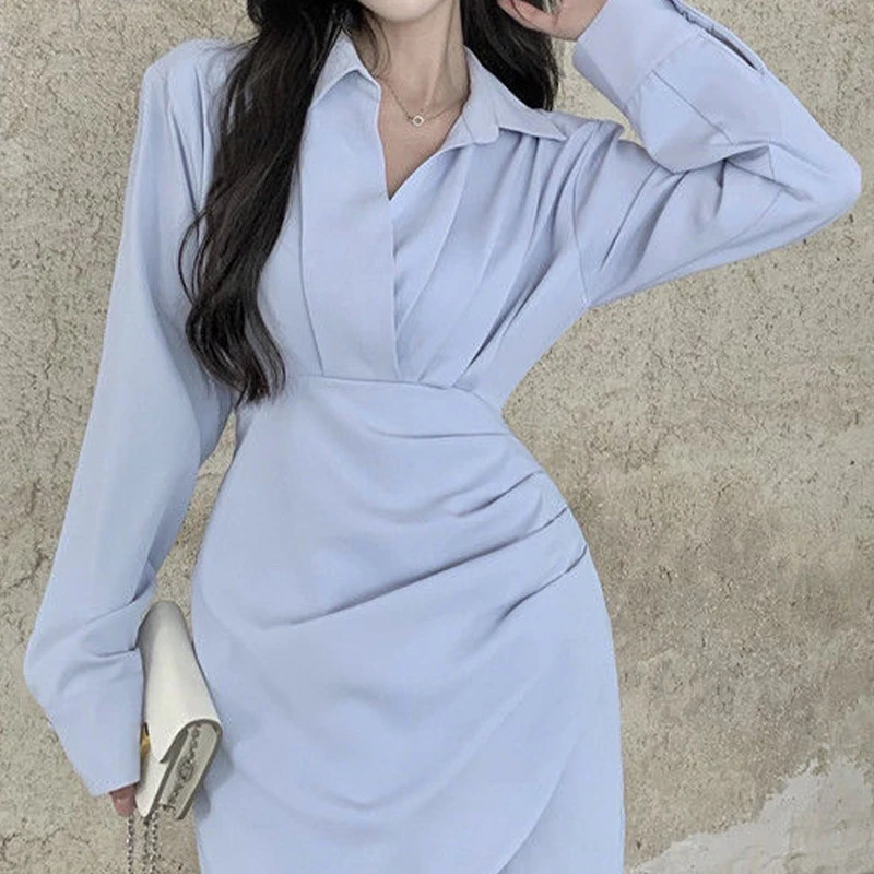 

Платье женское весеннее однотонное асимметричное, с длинным рукавом и поясом