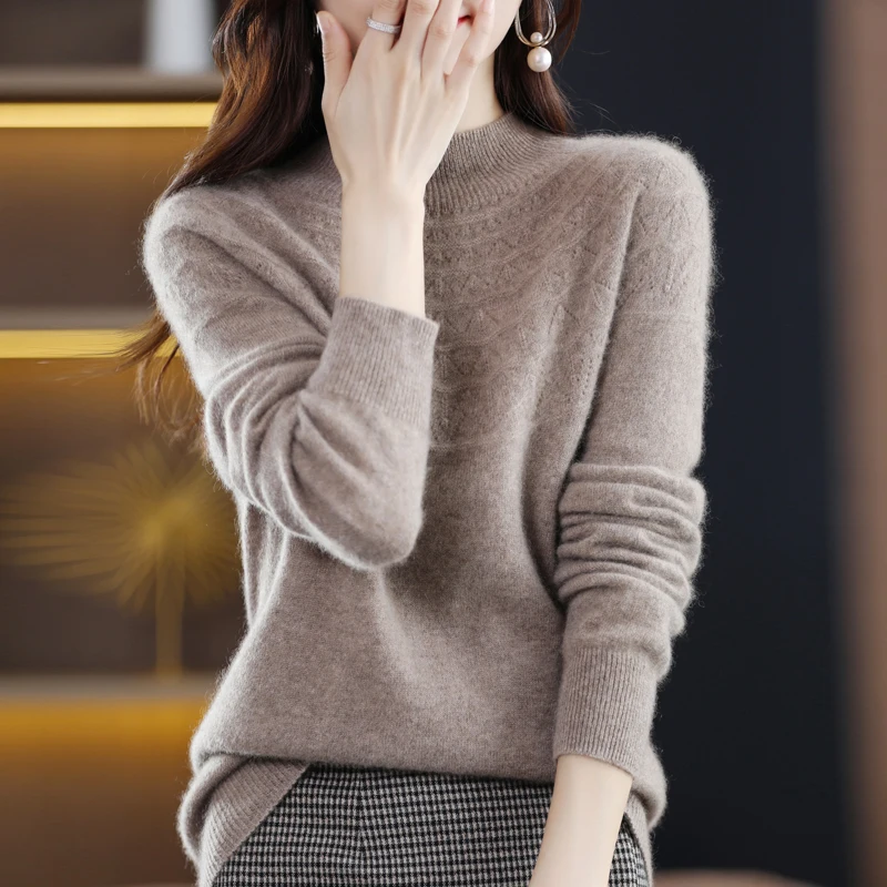 

Новинка 2023, осень/зима, бесшовный Женский пуловер с одной линией, полый свитер из 100% шерсти с высоким воротником