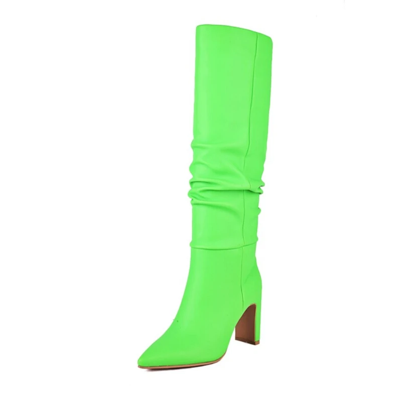 

Fashion Knee High Boots, Autumn and Winter Thick Heels Pointed Toe Zipper Slip on Pleated Stacking Boots, Luxury Designer Shoes