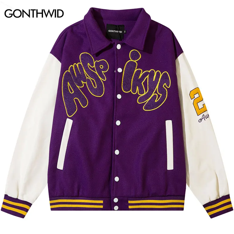 Hip Hop Mens Baseball Bomber Jacket Streetwear Vintage Embroidery Letter Leather Sleeve Patchwork Coats Harajuku Casual Jackets