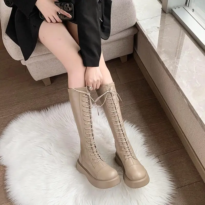 

Women's Leather Boots Sexy Thigh High Heels High Sexy Round Toe Boots-Women Female Shoes Lace Up Over-the-Knee Lolita Flat 2022