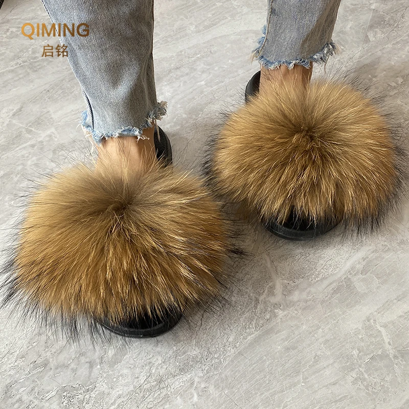Summer Real Fur Slippers Ladies House Shoes Women Fluffy Raccoon Fur Slides Flip Flop Flat Furry Outdoor Sandals Woman Shoes