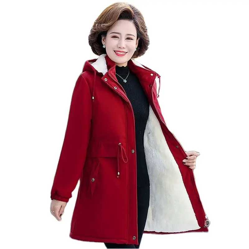 

Middle-Aged Elderly Women's Cotton Padded Coat Parker Mid Length Winter Jacket Add Velvet Thickened Down Cotton Overcoat 2022