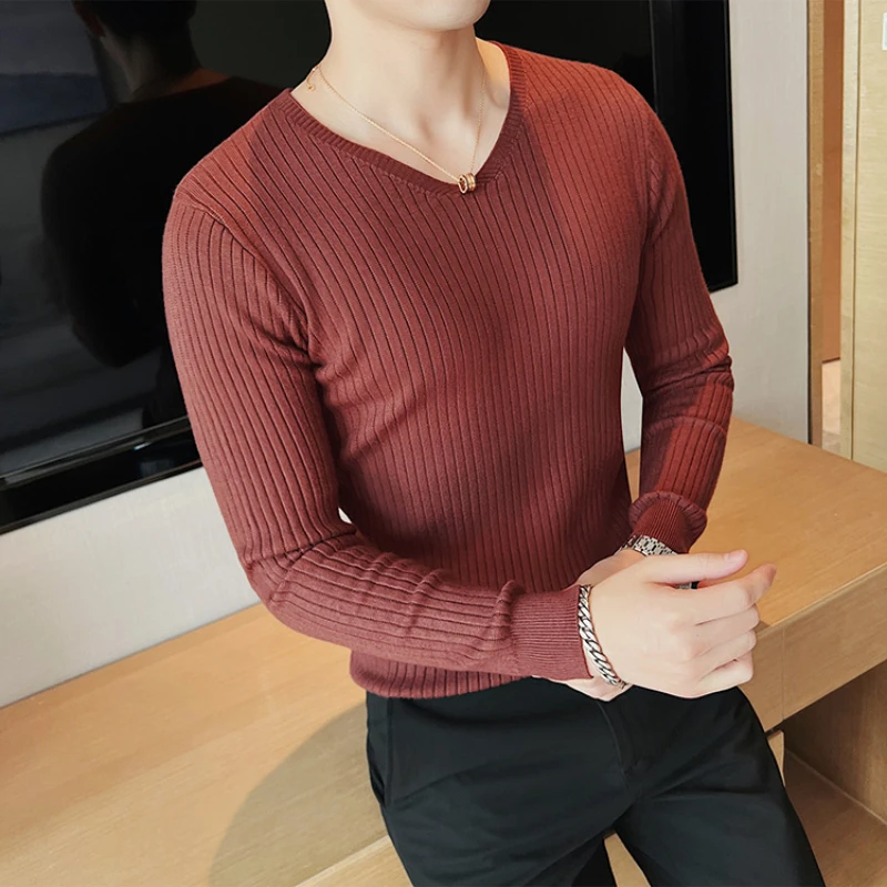 Brand Men Autumn Winter New Warm Knit Sweaters/Male Slim Fit High Elasticity Stripe V-neck High Quality Casual Pullovers Sweater