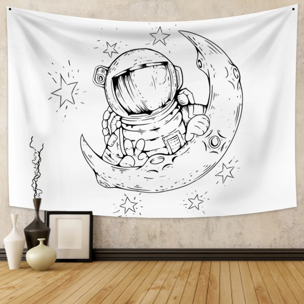 

White Star Astronaut Moon Tapestry Wall Hanging Bohemian Psychedelic Wall Decor Beach Towel Polyester Yoga Blanket
