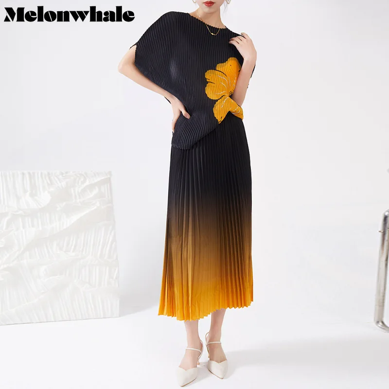 

MelonWhale Gradient Miyake Pleated Floral Printed Skirt Sets Women 2023 New Summer Korean Short Sleeve T-shirt Designer Clothes