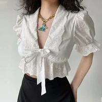 deeptown vintage cottagecore white blouses sexy elegant kawaii puff sleeves tunics cropped women shirt slim v neck corset top