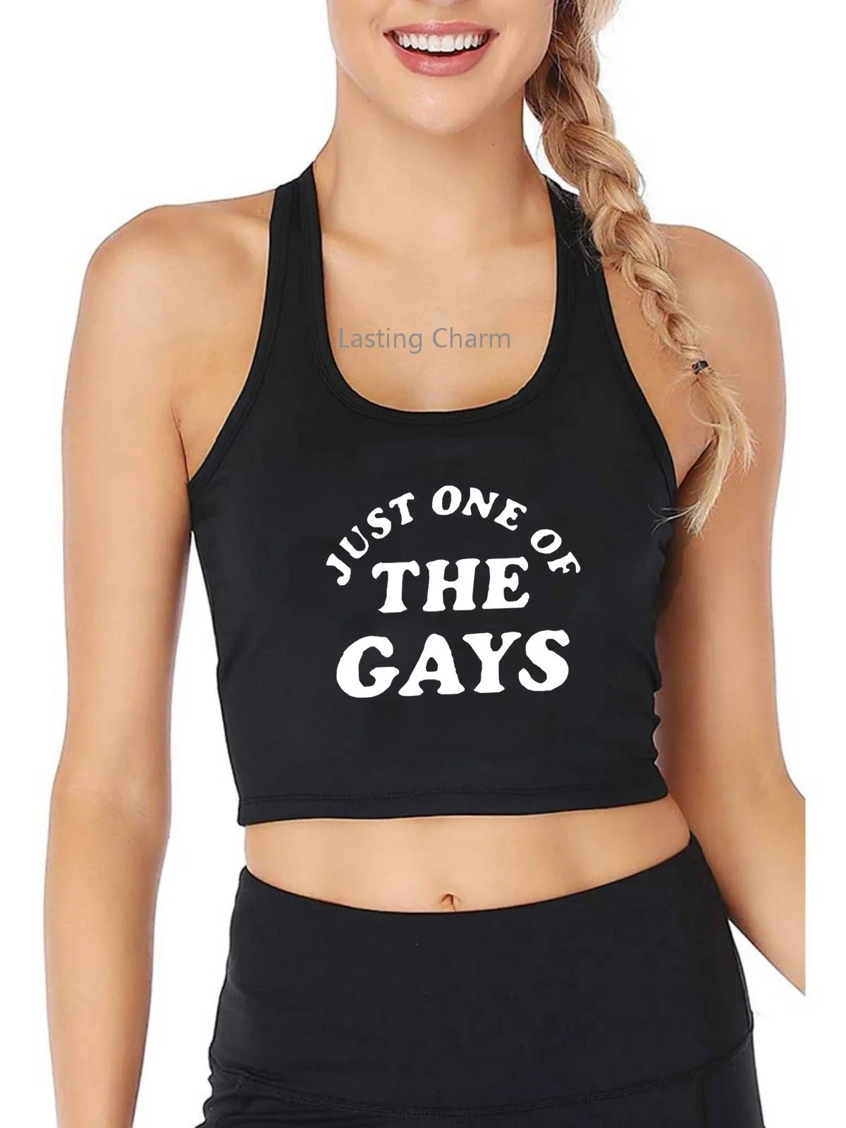 

Just One Of The Gays Print Crop Tank Adult Humor Fun Harajuku Print Yoga Sports Workout Crop Top Women's Gym Top