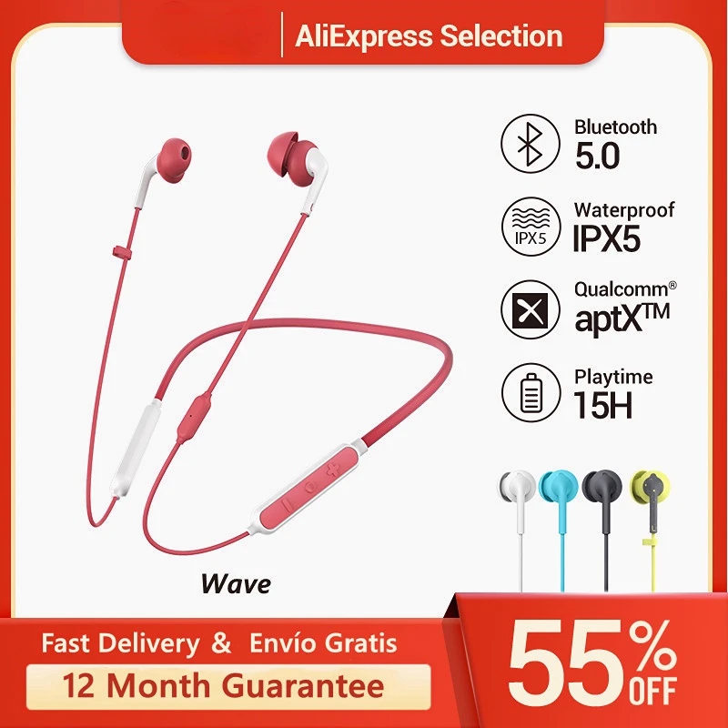 

233621 Wave Bluetooth Headphones Wireless IPX5 Waterproof Call Noise Reduction Neckband Earphone with aptX HD