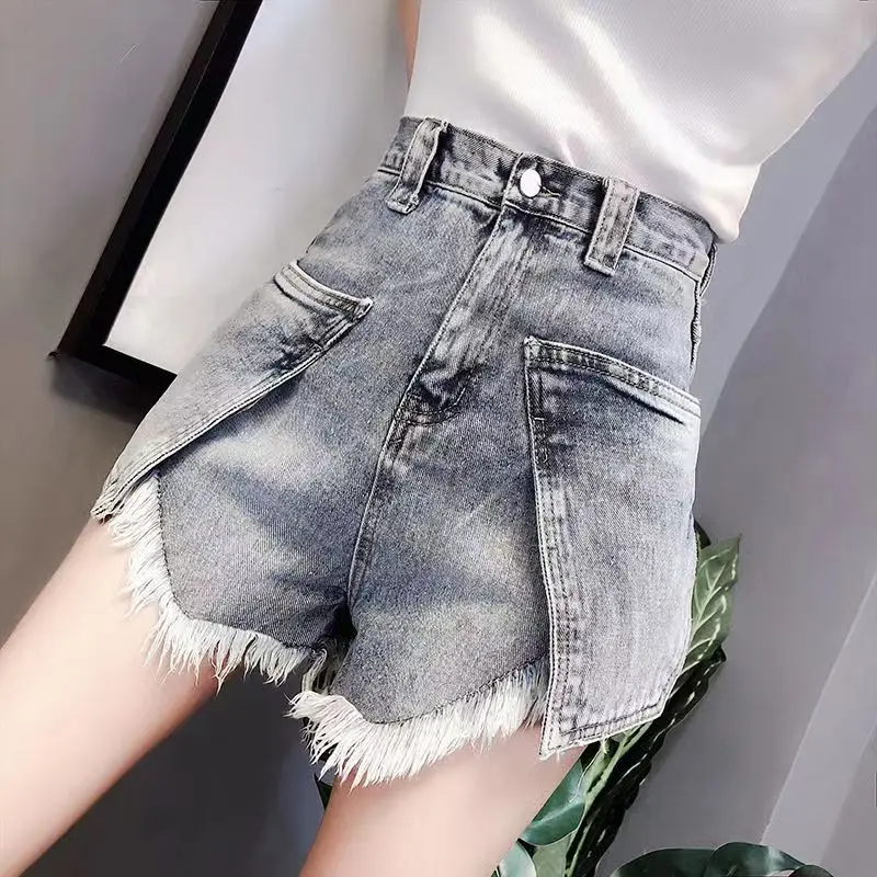 New Casual High Waist Denim Shorts Women Summer Pocket Tassel Hole Ripped Jeans Female Femme Short Pants N8