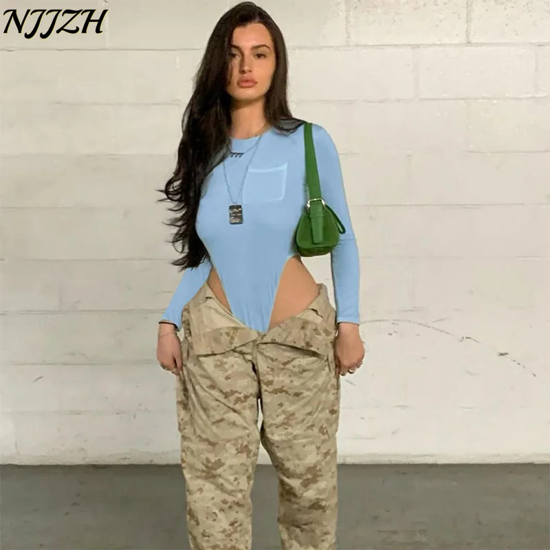 

NJJZH 2022 spring Summer Fashion Women Sexy Sports Solid Crewneck Long Sleeve pack hip Hollow Out Backless High Waist Bodysuits
