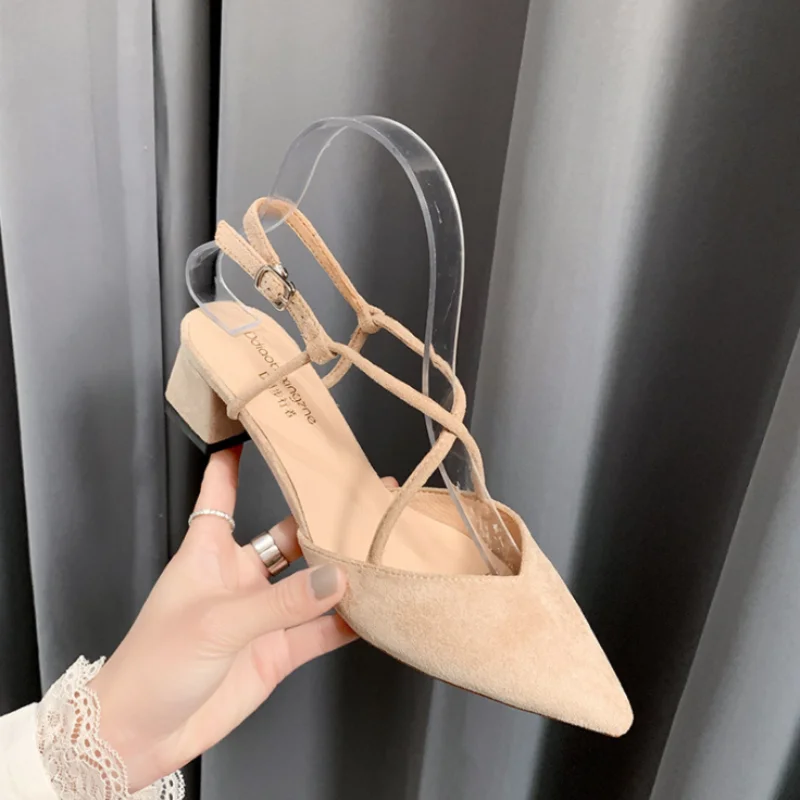 

Woman Shoes Summer Sandals Women Square High Heels Female Party Dress Shoe Ladies Flock Point Toe Sandals Pumps