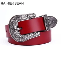 rainie sean real leather women belt retro pin buckle high quality female pants waist belts red belt for trousers accessories