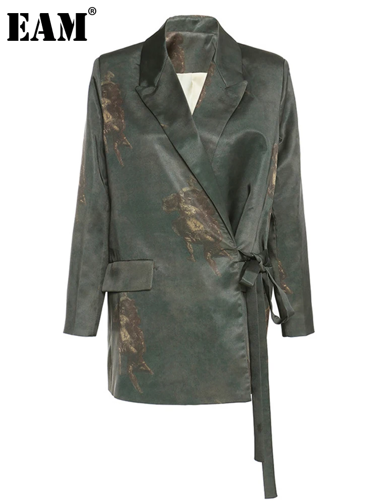 

[EAM] Women Green Pattern Bandage Big Size Blazer New Lapel Long Sleeve Loose Fit Jacket Fashion Spring Autumn 2022 1DD0021