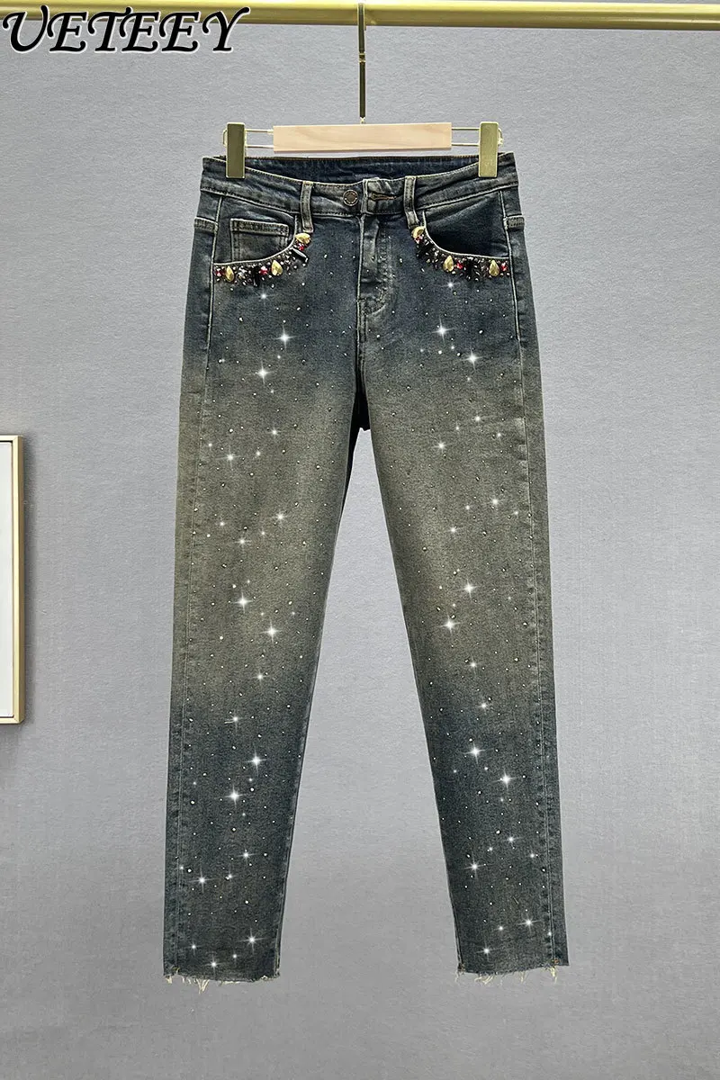 

Heavy Embroidery Hot Drilling Women Jeans 2023 Autumn New Elastic High Waist Slim Fit Denim Pants Cropped Skinny Trousers Lady