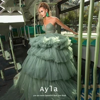 drama tulle sweep train prom dresses with multilayer sexy strapless prom gowns advanced green formal party dresses