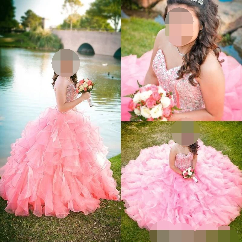 

2019 New Pink Blue Organza Ball Gown Quinceanera Dresses Sweetheart Beaded Sequins Tier Ruffles Long Junior Sweet 16 Prom Party