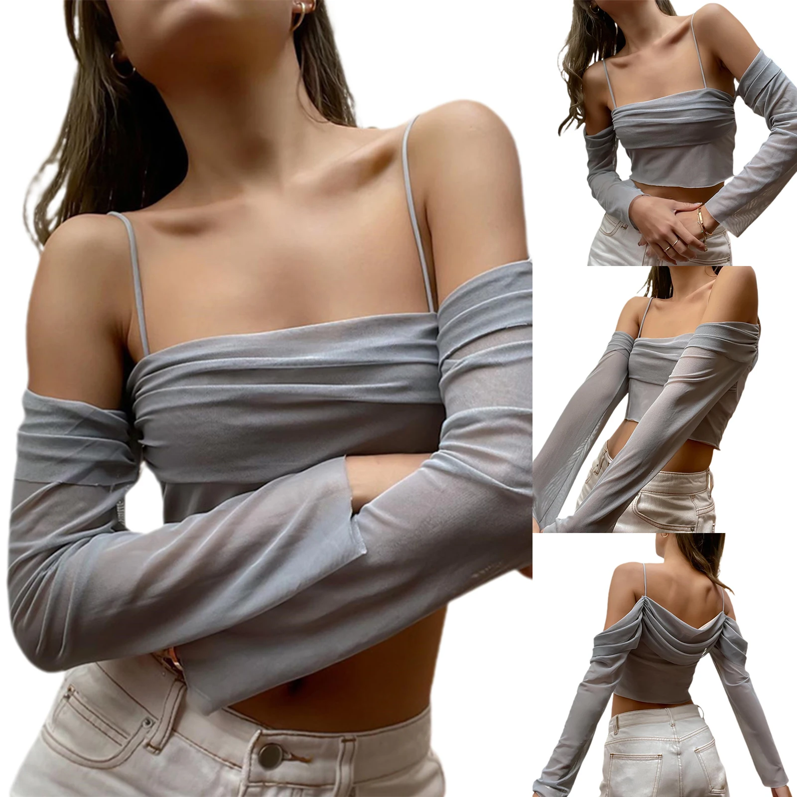 Топ женский однотонный с длинным рукавом открытыми плечами |