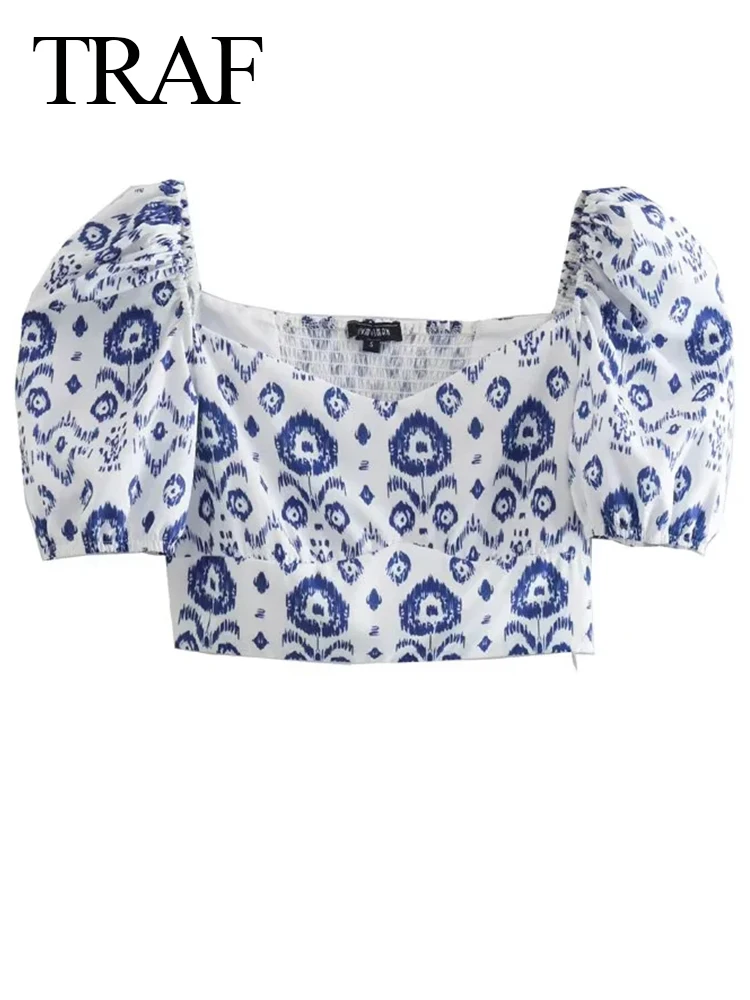 

TRAF 2022 Summer Elegant White Short Top Blue Print Square Collar Raglan Puff Sleeve Short Vest Elastic Fashion Women Wear