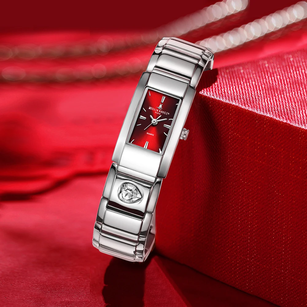 BERNY Lady Quartz Watch Luxury Brand Waterproof Rectangle Stainless Steel Bracelet Fashion RedWristwatch for Women