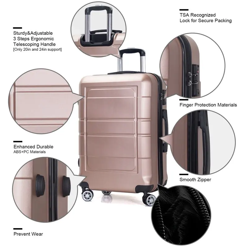 20 Inch Carry On Luggage, TSA Lock, Travel Suitcase with Spinner Wheel, Gold