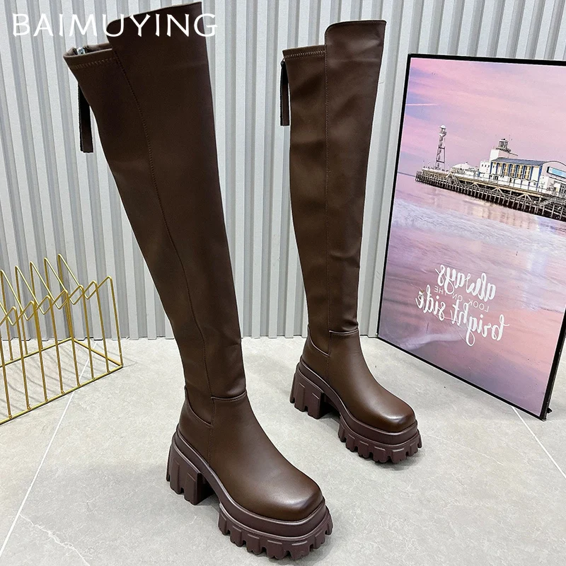 Кожаные женские высокие сапоги на массивном массиве модные ботинки высоком