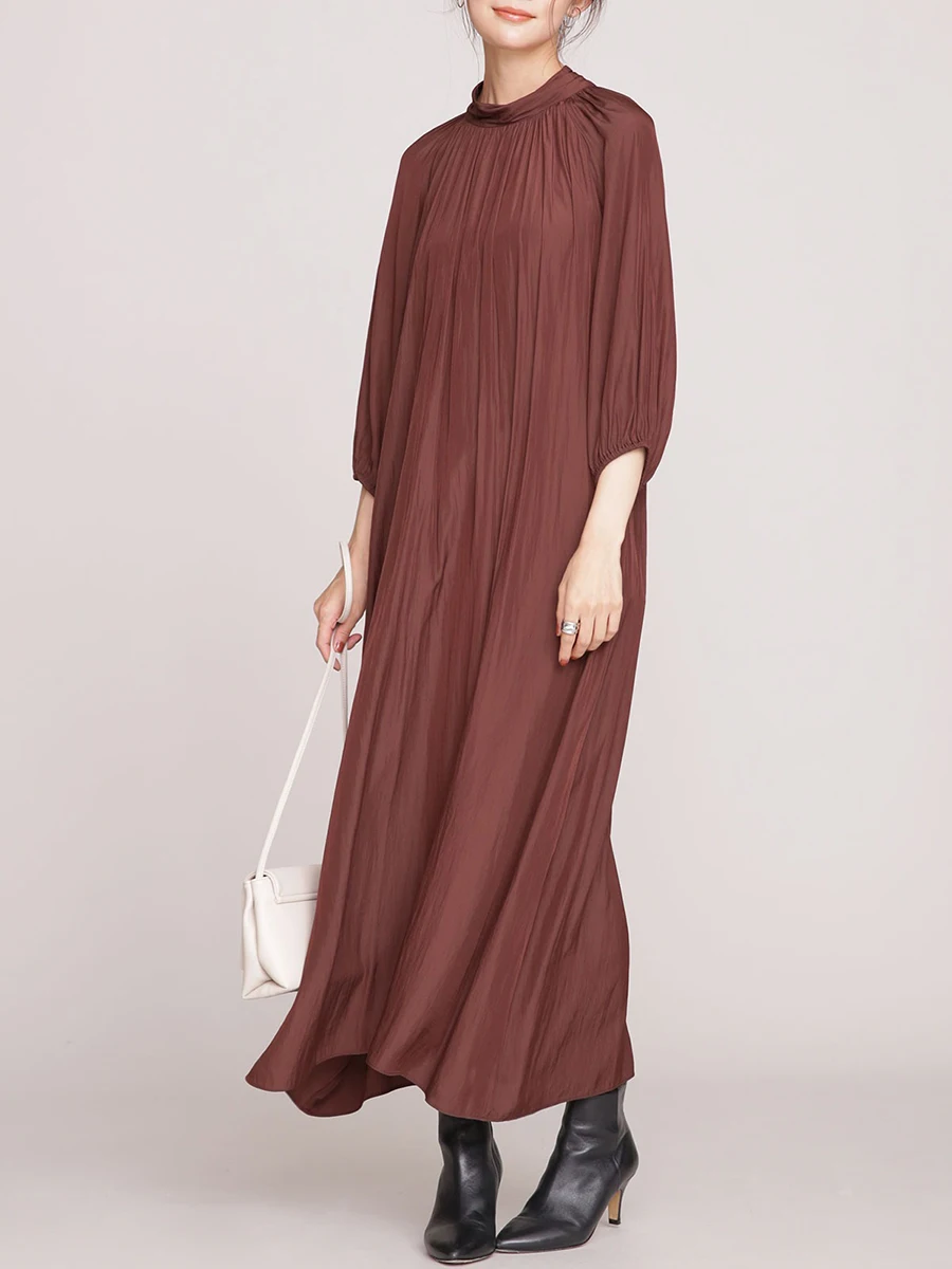 

Новое шикарное женское платье в Корейском стиле, минималистское однотонное Плиссированное лоскутное платье-пуловер с круглым вырезом, пря...