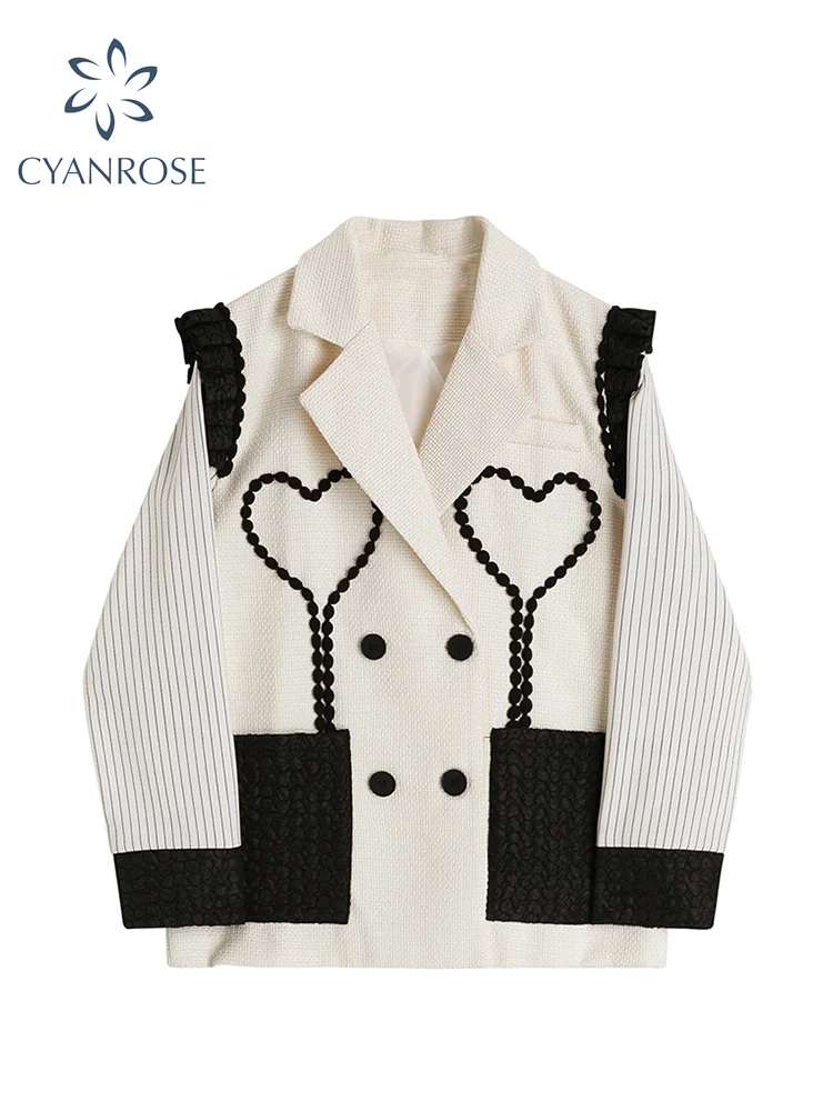 

2022 Women Vintage Patchwork Blazer Loose Fashion Ins Street Female Heart Suit Jacket Long Sleeve Lapel Double Breasted Outwear
