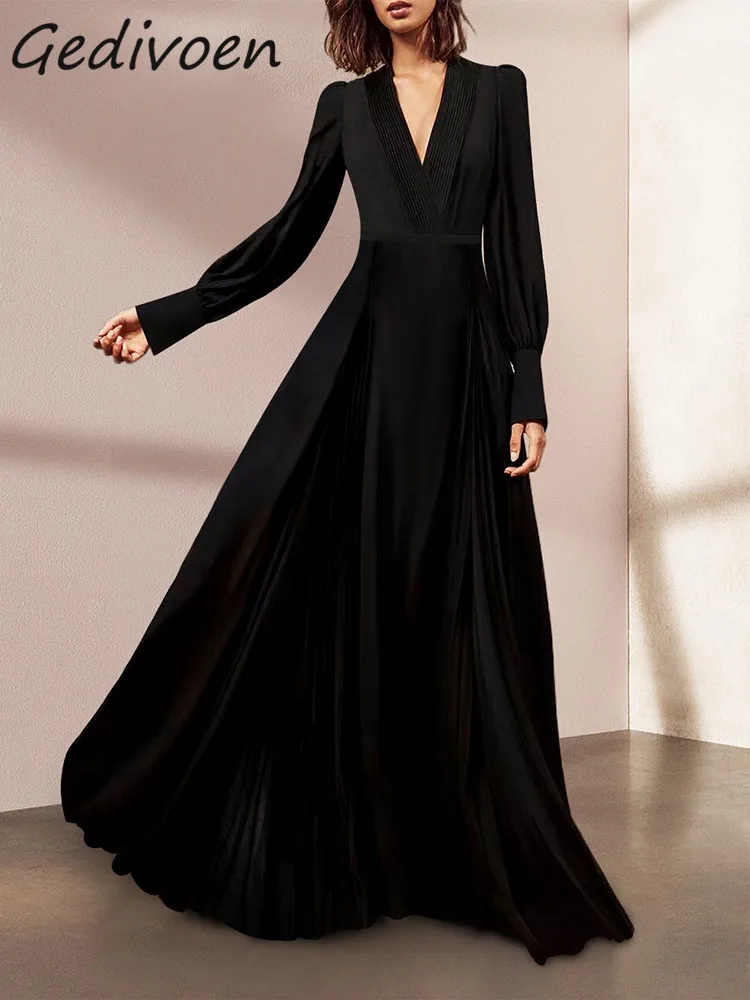 Gedivoen Summer Fashion Designer Vintage  Chiffon Dress Women V-Neck High Waist Folds Evening Party Temperament Black Long Dress