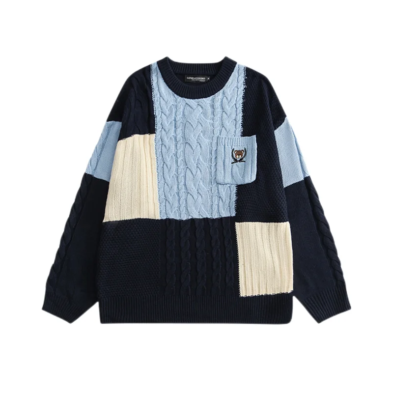 

Women's Retro Sweater Japanese College Style Bear Colorblock Knitting Pullover Autumn Winter O-neck Sweater Long Sleeve Top Y2K