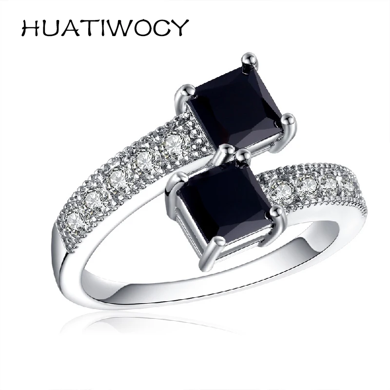 

HUATIWOCY Korean Style Fashion Women Rings 925 Silver Jewelry with Obsidian Zircon Gemstone Accessories for Wedding Party Gift