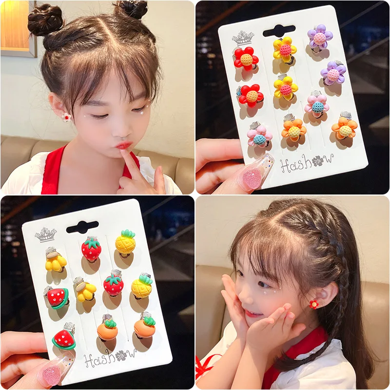 10pcs Cute Girls Earrings Ear Clip No Ear Hole Flower Earrings Children Jewelry Princess Girls Birthday Gifts Kids Accessories