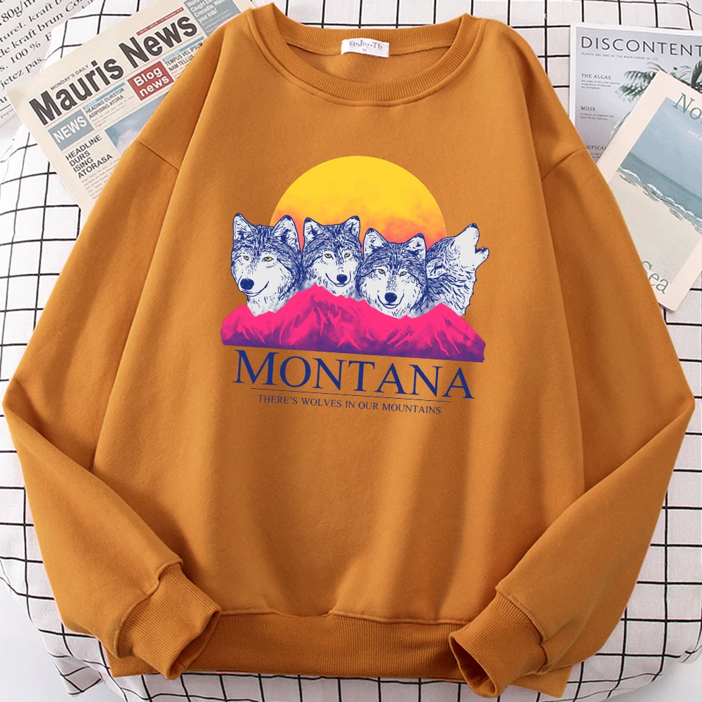 

American City Montana Wolf Prints Pullover Woman Vintage Comfortable Sweatshirt Warm Clothes Oversize Fashion Women'S Sweatshirt