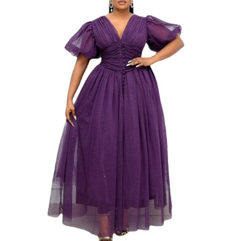 

Hot Sale New African Dress Mesh Patchwork V Neck Women Solid Color Large Hem Waist Tied Formal Dress for Wedding Plus Size 2021