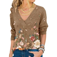 vintage flower printed t shirt woman spring autumn 2022 fashion v neck long sleeve tops casual loose top lady
