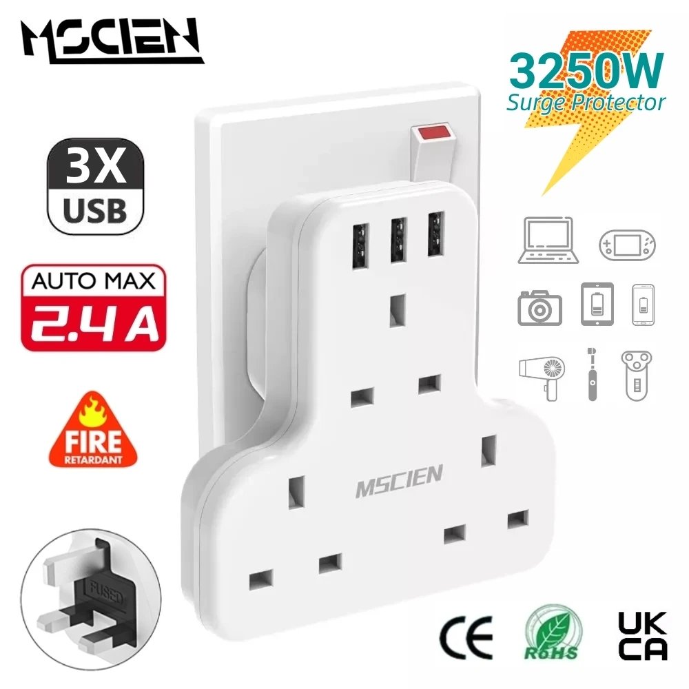 

MSCIEN Multi Plug Extension Sockets with USB Ports Surge Protected Outlets Wall Power Strip Phone Adapter Charger for UK SG SA