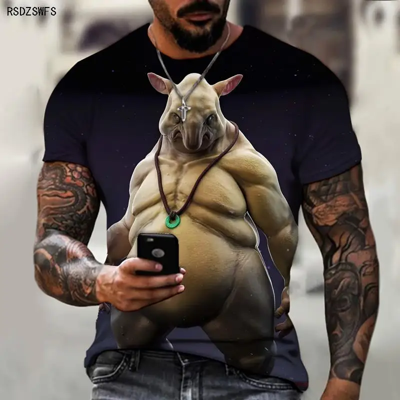 

Мужская рубашка, уродливый Монстр свиньи, вариация, 3D Рисунок, футболка с круглым вырезом, уличный крутой ужасный трендовый Топ, оверсайз 5XL