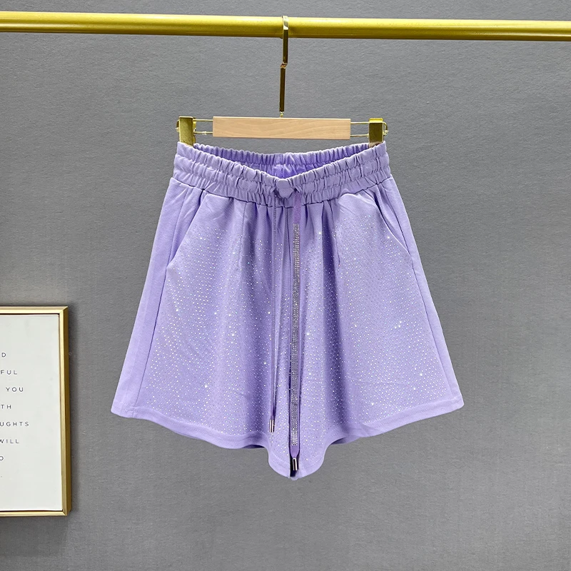 Rhinestone Casual Shorts Women's Ultra-Thin 2023 New Summer Lace-up High Waist Loose Slimming European Goods Wide Leg Hot Pants