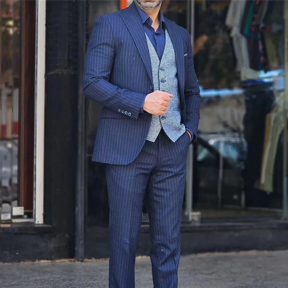 Элегантные темно-синие полосатые мужские костюмы деловой Блейзер смокинг для
