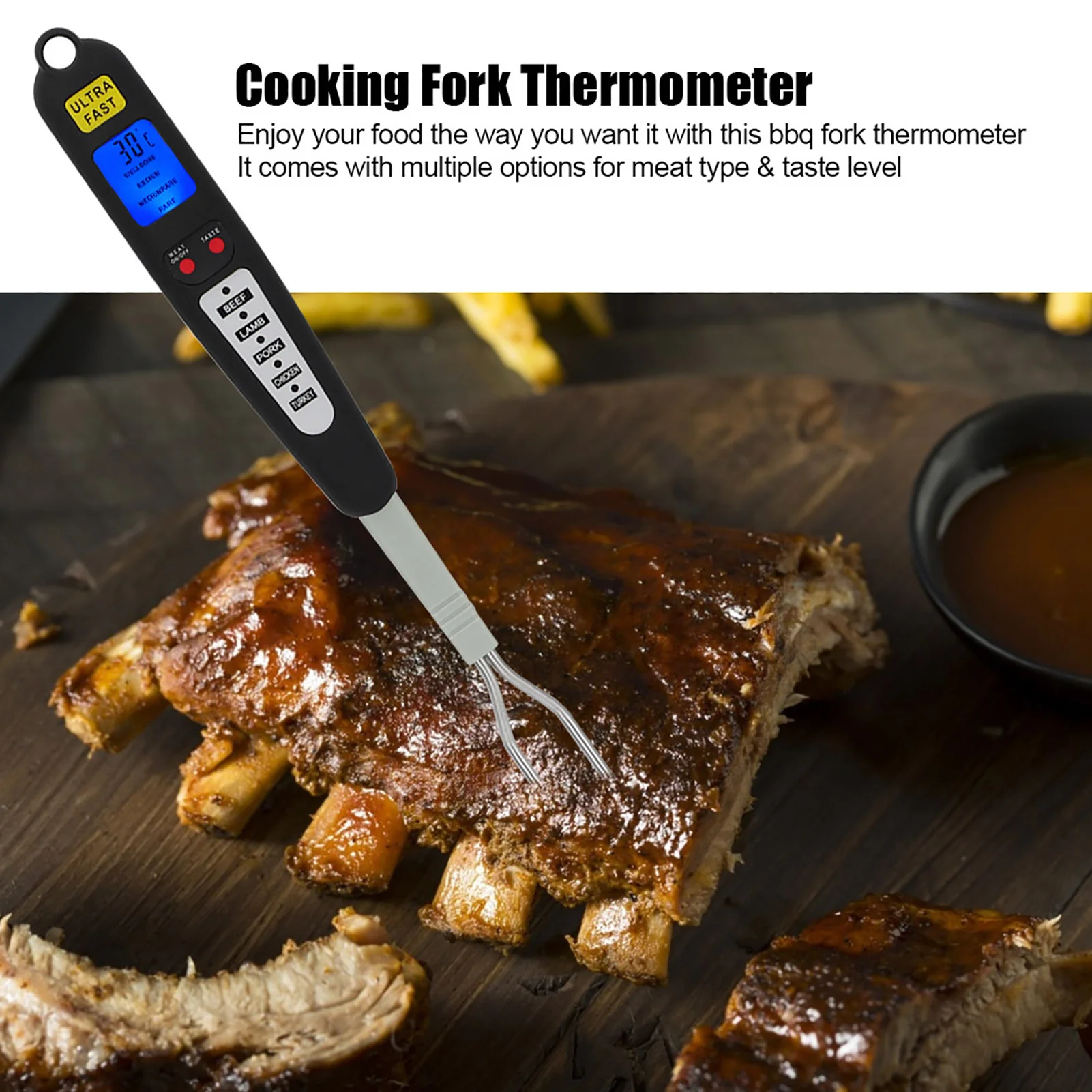 

Digital Meat BBQ Thermometer Cooking Fork Instant Read Dual Probe LED Display