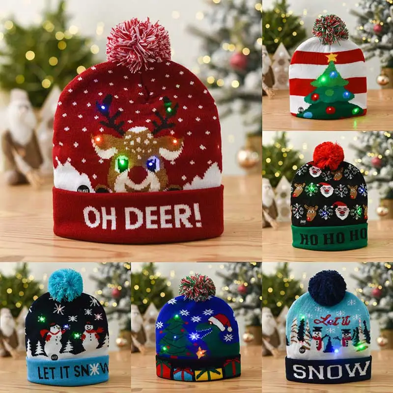 

Christmas Hat Sweater LED Light Santa Elk Cartoon Print Knit Hat Band Cartoon Pattern Children New Year Christmas Gift Supplies