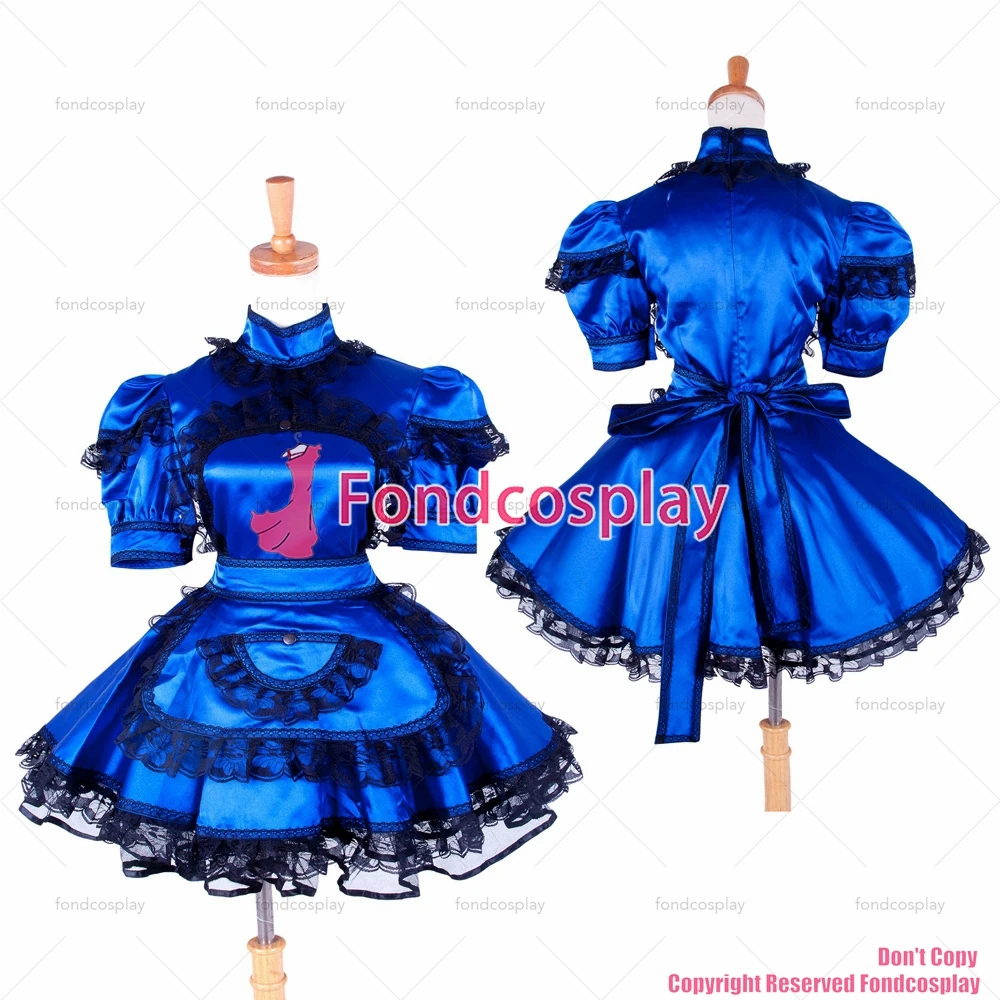 

tailor-made sexy adult dressing cross maid sissy short blue satin dress lockable uniform apron costume tv/cd[g1423]