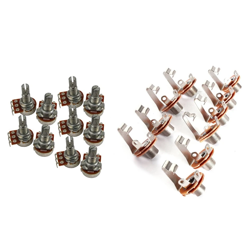 

10 шт. моно-входной разъем для гитары, бас 6,35 мм, оранжевый с 10 шт. гитарных потенциометров малого размера A500K