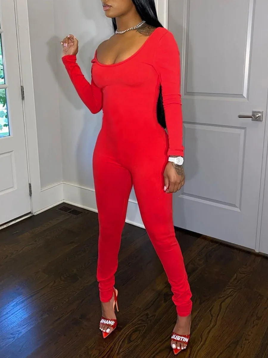 

LW Women Clothing 2022 One-Pieces bodysuit Casual U Neck Long Sleeve Solid Stretchy Skinny Body Shaping Sportswear Jumpsuit