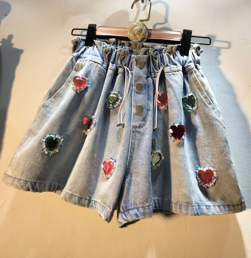 European Summer New Exquisite Rhinestone Beaded Peach Heart High Waist Denim Shorts Loose Slimming Wide-Leg jeans Shorts Women