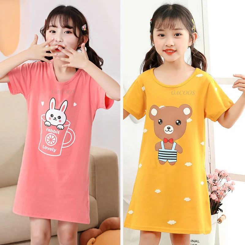 Cartoon Cat Pijamas Nightdress 100% Cotton Girls Night Dress Children's Pajamas Sleepwear Dresses Summer Short Sleeves Nightgown images - 6