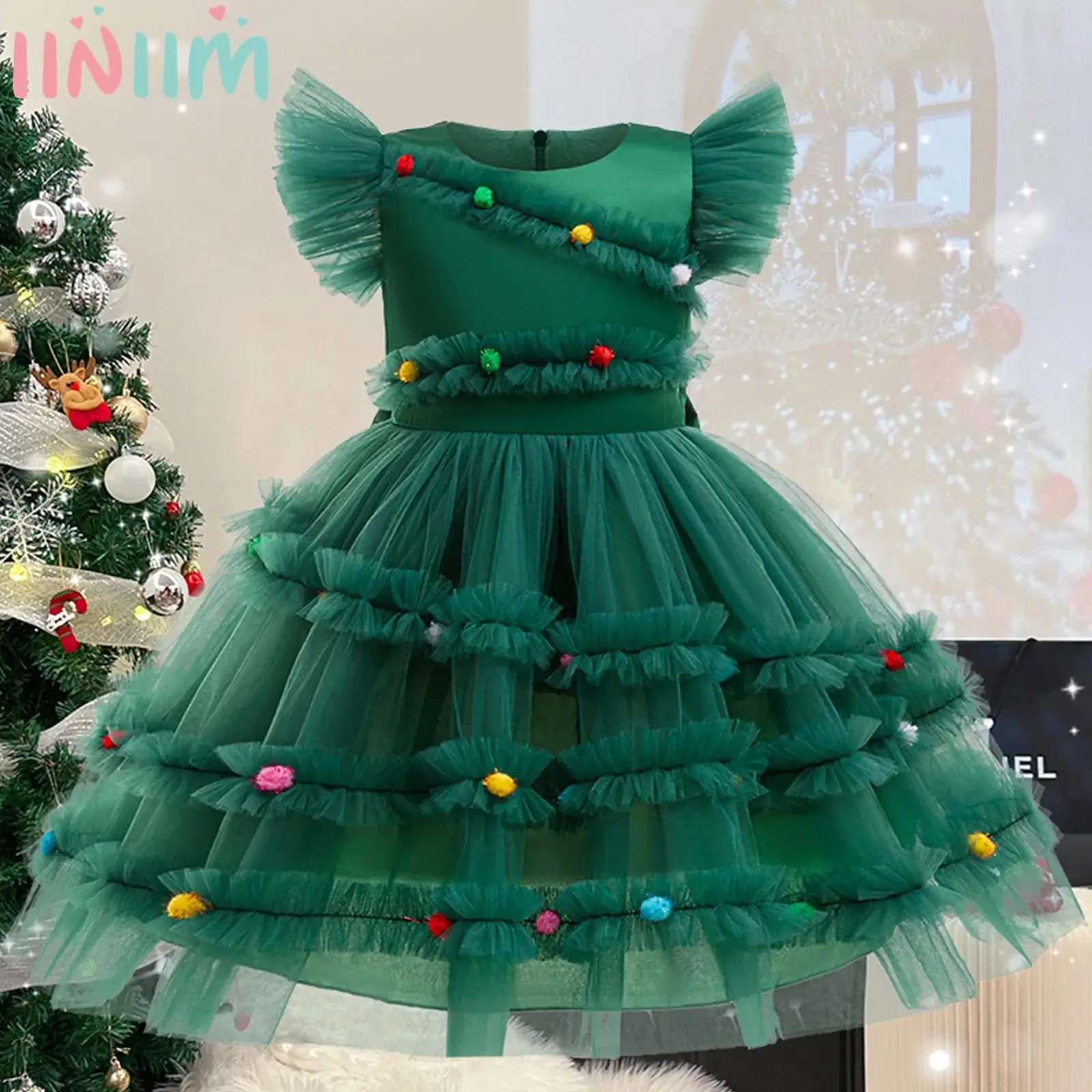 Kids Girls Christmas Costume Flutter Sleeve Back Bow Mesh Patchwork Ruched Layered Dress Halloween Party
