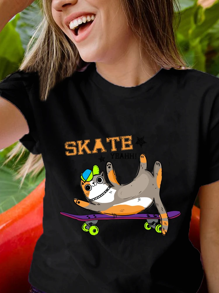 

Cartoon Funny Cat New 2022 Summer Female Shirt Short Sleeve Kawaii Harajuku Album Direct Mail Retro Femme T-shirt Women T Shirt