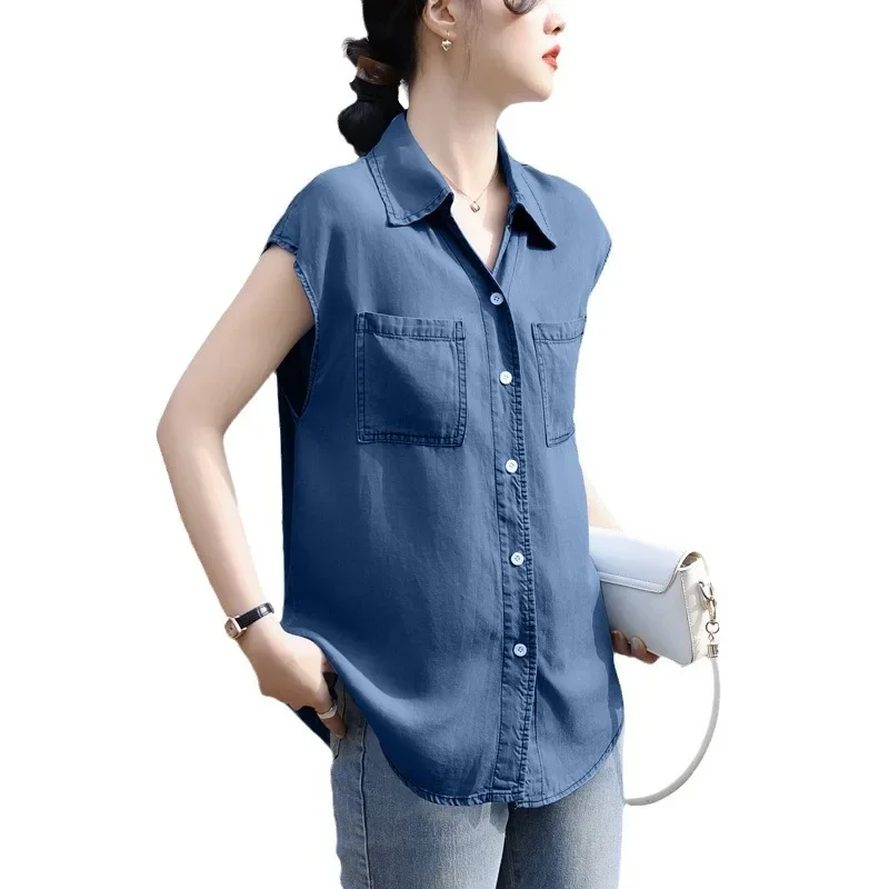 2024 винтажный джинсовый инвестирующий легкий хлопковый топ Женская летняя